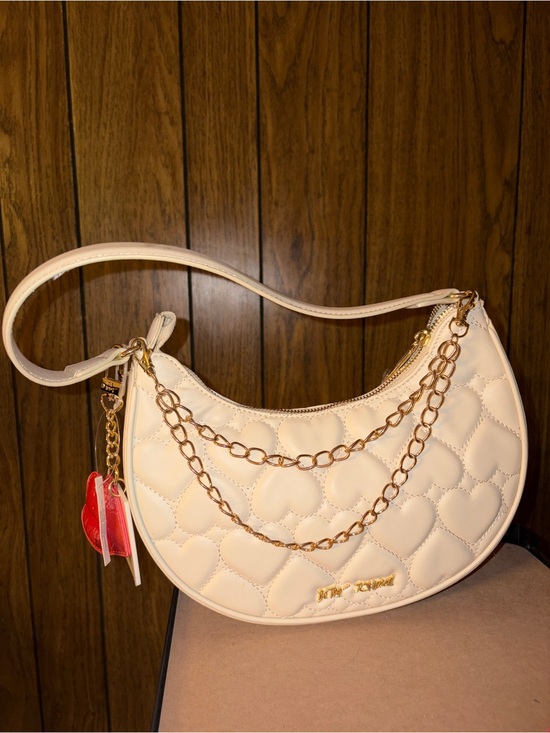 Betsey Johnson Handbags - Betsey Johnson Ivory Heart Quilted Shoulder Bag with Gold Chain Accent & Charms